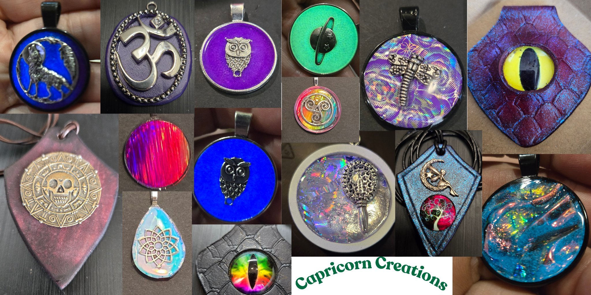 A colorful collage of handmade pendants and earrings with Capricorn Creations lettering