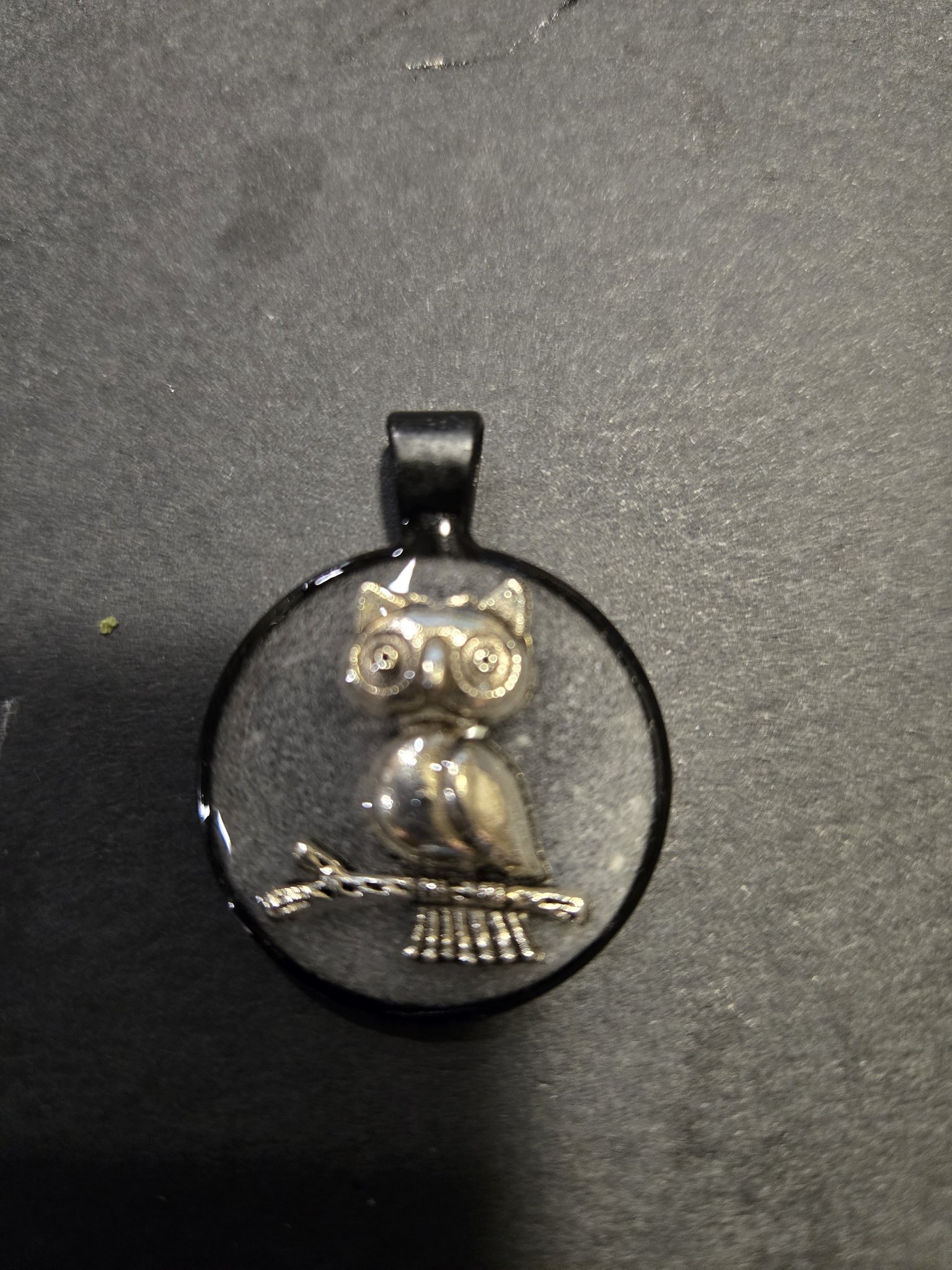 Unlit view of the clear resin owl pendant in its black metal frame on a dark surface