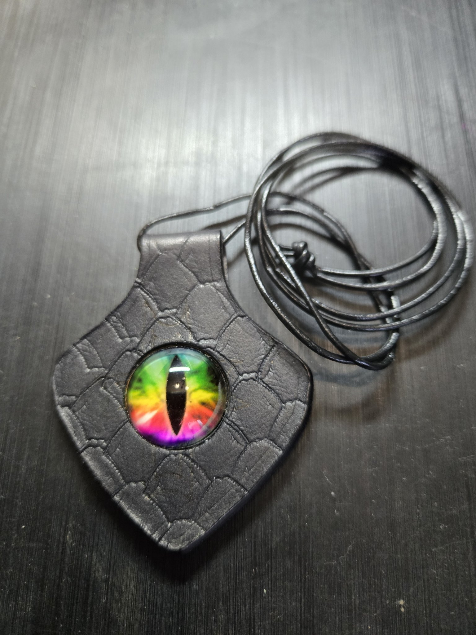 Alternate front view of stock 156 black leather pendant with rainbow dragon eye