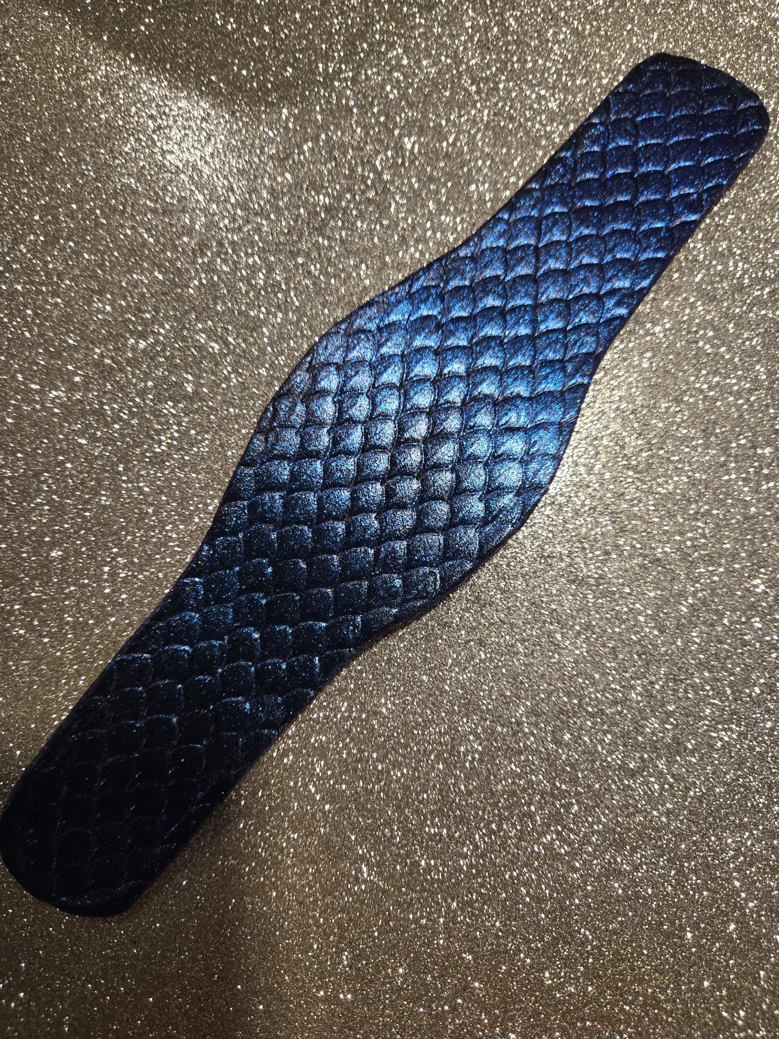 Stock 213 color change blue and purple dragon scale leather cuff shown in full