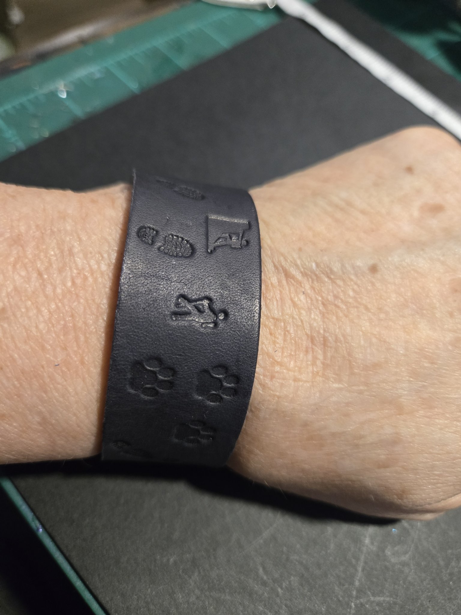 Stock 228 on a wrist showing the stamped hiker, climber, and dog paw prints